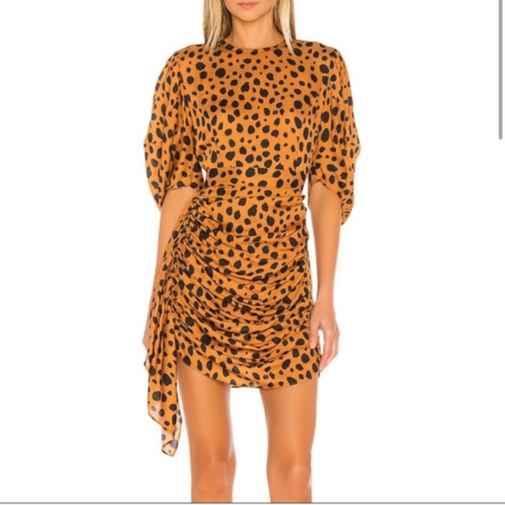 rhode skin tan with black polka dot ruched mini dress